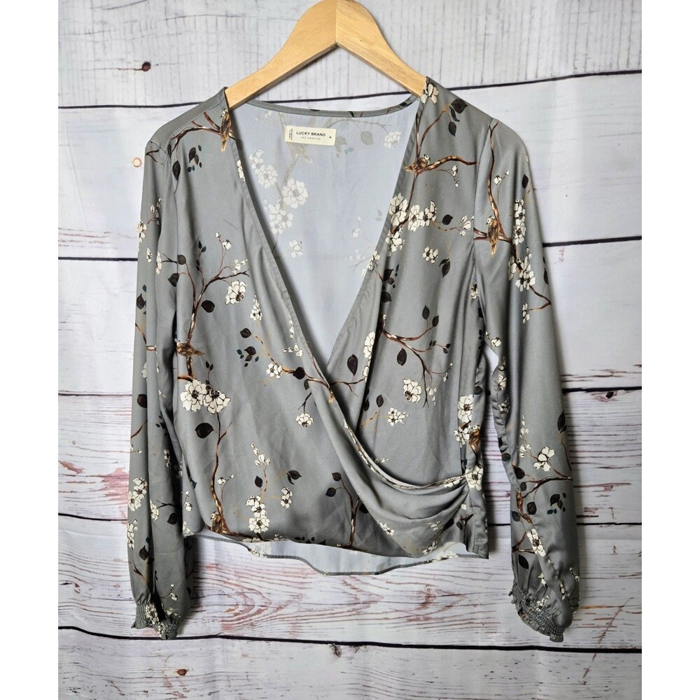 Lucky Brand Womens Top Size Medium Green Floral Long Sleeve V-Neck Wrap Blouse